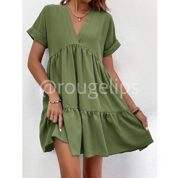 Rouge! Dresses & Skirts - Army Green Short Sleeve Loose Fitting Mini Dress V-Neck Ruffle Flared Hem